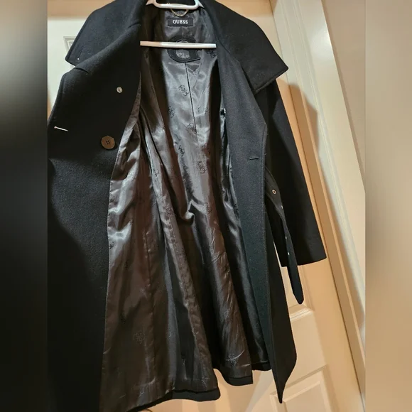 Guess Double Breast Wool Blend Coat Heavyweight Funnel Neck Belt Siz 6 Black EUC - Picture 6 of 15